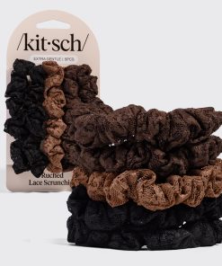 Black. Chocolate. & Mocha Ruched Lace Scrunchies 5pc Set