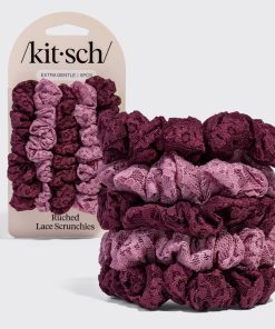 Cherry Lacquer & Dusty Pink Ruched Lace Scrunchies 5pc Set
