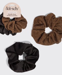 Black & Chocolate Metallic Mesh and Satin Scrunchies 2pc Set