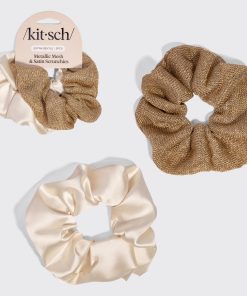 Cream & Gold Metallic Mesh and Satin Scrunchies 2pc Set