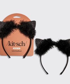 Black Glitter Satin Cat Ears Headband