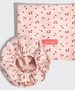 Cherry Print Satin Lined Flexi Shower Cap + XL Hair Towel Bundle