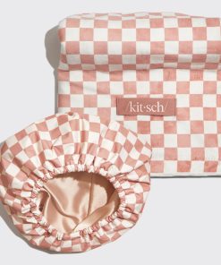 Terracotta Checker Satin Lined Flexi Shower Cap + XL Hair Towel Bundle